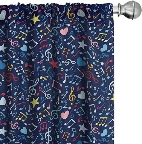 Ambesonne Music Curtains, Hearts Notes Stars Melodic Inspiration Musical Lifestyle Rhythm in My Heart Design, Window Treatments 2 Panel Set for Living Room Bedroom, Pair of - 28" x 84", Indigo Red