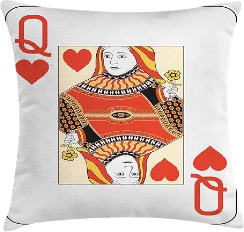 Ambesonne Queen Throw Pillow Cushion Cover, Queen of Hearts Playing Card Casino Design Gambling Game Poker Blackjack, Decorative Square Accent Pillow Case, 24" X 24", Vermilion Yellow