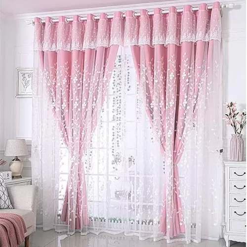 Amidoudou 1 Pair Double Layer Flower Curtains for Girls Room Living Room Pastoral Flowers and Leaf Embroidered Curtains for Bedroom (Pink, 54x84 Inch)