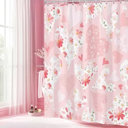 AOFOTO Pink Heart Floral Shower Curtain Romantic Love Theme Shower Curtains Modern Cute Heart Printed Bathroom Home Decor with Hooks 72x72 Inch