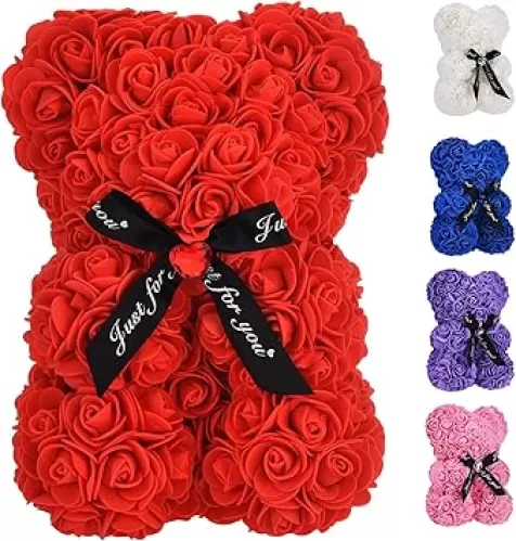 Artificial Rose Flower Bear, Perfect Romantic Gift for Her, Valentine's Mother's Day, Christmas, Birthday, Thanksgiving Party Anniversary Girl Friend Wife with Heart-Shaped Diamond Black Red