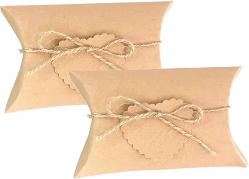 Bakbania 50 Pieces Pillow Candy Boxes Kraft Pillow Boxes Wedding Favor Boxes Candy Favor Paper Boxes Brown Gift Box with Heart-shaped Blank Tag and Twines for Party Decoration