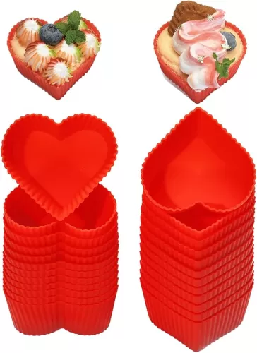 Baking Cups Cupcake Liners Silicone - Non-Stick Pastry Muffin Liner Molds, 2.75 Inch Reusable Storage Container, Heart, 24 Pack