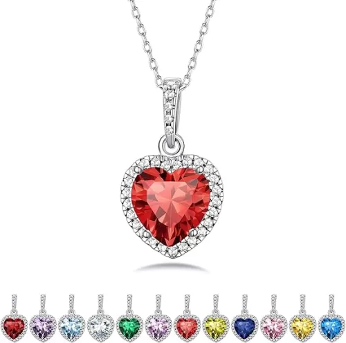 Bestyle Sparkling 925 Sterling Silver Birthstone Necklaces for Women, Created Heart/Round/Teardrop/Square Crystal Solitaire Pendant Diamond Necklace, Great Birthday/Anniversary/Wedding Gifts