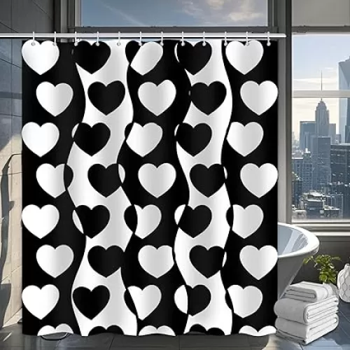 Black and White Heart Shower Curtain 2000s Bathroom Decor Mother's Day 1990s Bath Curtain, Waterproof Cloth Fabric with Hooks, 72x72 inch