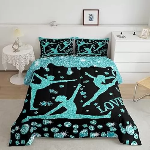 Black Teal Queen Size Bedding Sets For Girls Women Gymnastics Comforter Set For Gymnast Room Decor, Gymnastics Sports Bed Comforter Sets, Glitter Sequins Diamond Love Hearts Stars Quilt Duvet 3 Pcs