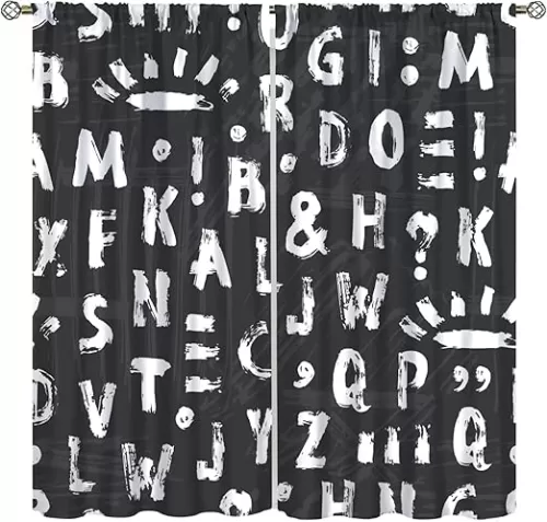 Black White Alphabet Curtain, Letters in Fun Colors Kids Scribble Style Hearts Comics Art Blackout Printed Window Drapes for Kitchen Living Room Bedroom Decor 42" W X 45" L