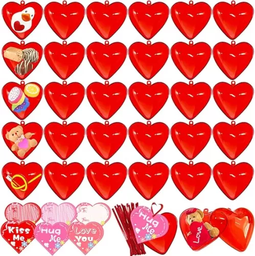 Blvochnnt 30 Pack Valentine Hearts Plastic Filled Candy Box with Cards Wires Sets, 2.6 Inch Red Heart Shaped Fillable Hanging Ornament Container for Valentine Party Favor, Birthday, Wedding Supplies