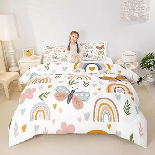 Boho Rainbow Comforter Set Queen Size Cute Butterfly Bedding Set 3Pcs for Kids Girls Boys Adult Room Decor Cartoon Love Heart Palm Leaves Quilt Set Animals Botanical Duvet Insert, 2 Pillowcase
