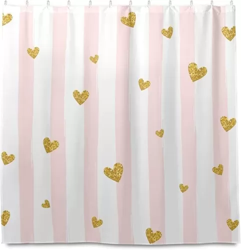 Bolaz Shower Curtain-Pink Striped Gold Heart，Washable Fabric Waterproof Bathroom Curtain with 12 Hooks for Bathroom, Showers and Bathtubs, 72 X 72 inch