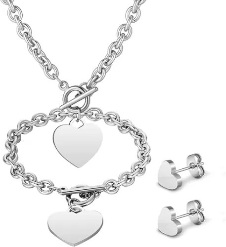 Bucherry 3 Pcs Heart Jewelry Set Heart Pendant Chain Toggle Necklace with Bracelet Earrings Stainless Steel Link Chain for Women Christmas Valentine Gift