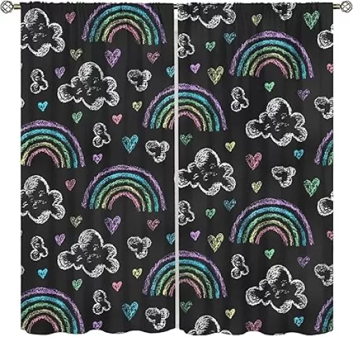 Cartoon Rainbow Blackout Curtains, Lovely Hand-Painted Rainbow Love Hearts Clouds Stars, Children Boys Girls Bedroom Living Room Classroom 21" W x 45" L