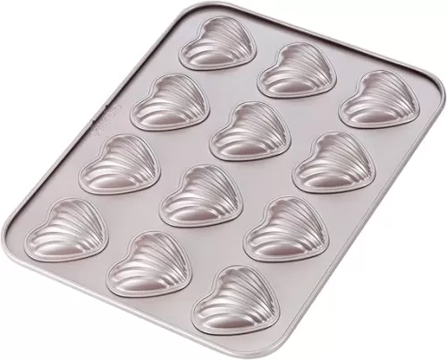 CHEFMADE Madeleine Mold Cake Pan, 12-Cavity Non-Stick Heart-shaped Shello Madeline Bakeware for Oven Baking (Champagne Gold)