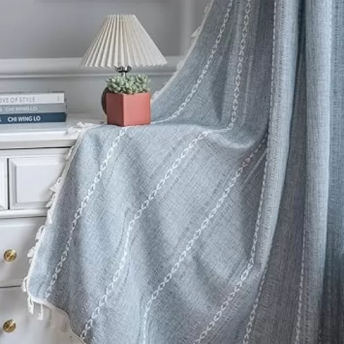 ColorBird Boho Curtains for Living Room, 2 Panels 63 inch Blue Darkening Drapes, Embroidered Striped Farmhouse Sliding Door Vintage Bohemian Curtain for Bedroom