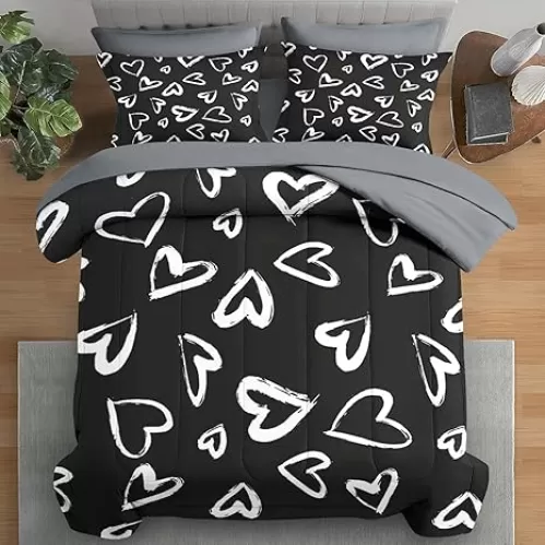 Comforter Set King Size, Love Cute 7 Pcs Bedding for Kids and Adults, Polka Heart White Bed Sheet Sets with Fitted Sheet 2 Pillowcases & 2 Shams for Bedroom Bed Decor