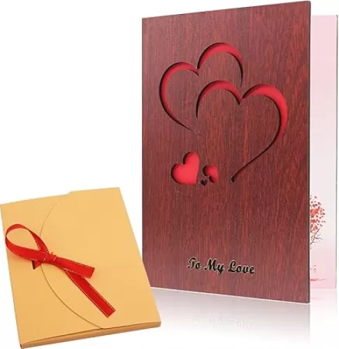 Creawoo Handmade Walnut Wood Love Greeting Card with Unique Gift Card Box The Best Valentine's Day, Anniversary Birthday Gift Idea Card for Her, Him, Wife, Husband