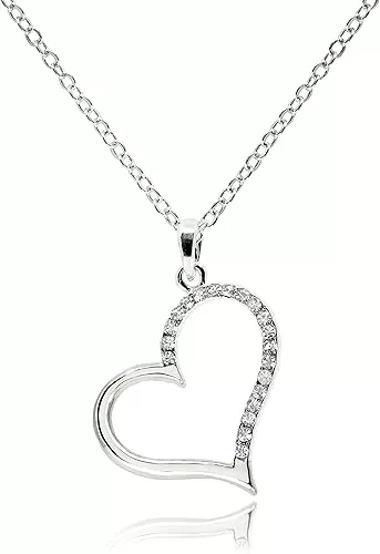 Cubic Zirconia Open Heart Necklace for Women • 14K Gold Plated Non Tarnish Wedding Jewelry • Sideways Pave Heart Shaped Pendant Necklaces [VHN]