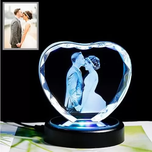 Custom Picture Crystal Heart Shape Photo Frame, Etched Engraved with Picture with Led Light, Personalized Christmas Wedding Anniversary Couple Gift for Couples Birthday Gifts for Girlfriend Her Women