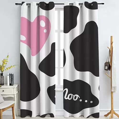 Cute Black and White Milk Cow Texture Window Curtain Panel, Pink Heart 3D Printed Drapes, Blackout Thermal Insulated Grommets Curtains for Bedroom Living Room Door Decor -63" W x 63" L
