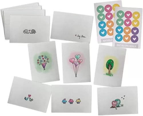 Cute Love Notes Greeting Card Set - 24 Mini Love Cards with Envelopes - 100% Recycled Cards for Everyday Love - Includes Colorful Heart Seal Stickers