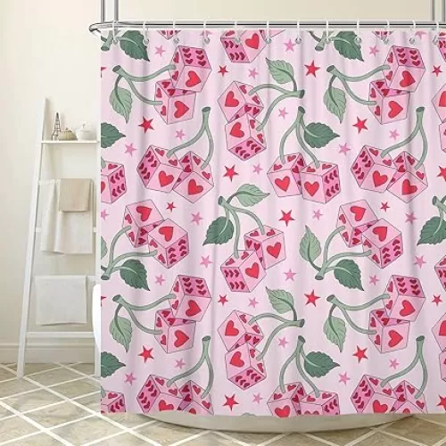 Cute Pink Cherry Shower Curtain, Pink Heart Groovy Aesthetic Fabric Shower Curtains Set for Teen Girls Bathroom Decorative, Romantic Fruit Modern Restroom Decor Accessories with Hooks 72X72 Inch
