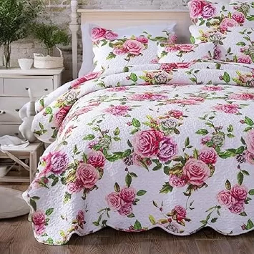 DaDalogy Bedding 13-Pieces Floral Bed in a Bag Set - Romantic Roses Lovely Blooming Pink Bedspread Fitted & Flat Sheets Set w/Throw Euro Sham Pillow Covers & Window Curtain Valance - Full Size