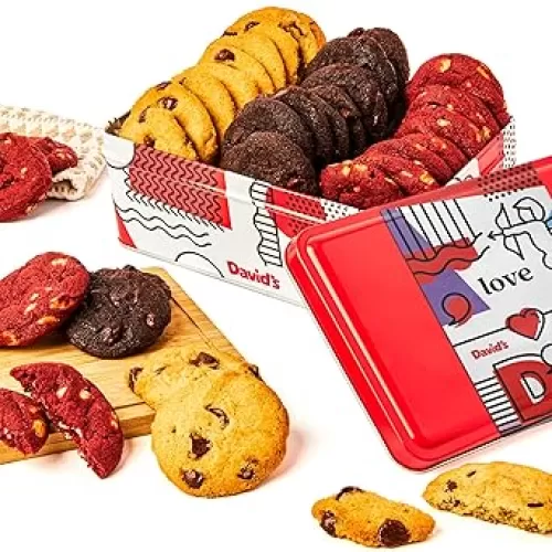 David's Cookies Fresh-Baked Sweet Sampler Mini Bites in Love Tin - 1.7 Lbs Assorted Mini Cookies with Chocolate Chip, Chocolate & White Chocolate Chip & Red Velvet - Delicious Gourmet Gift For All