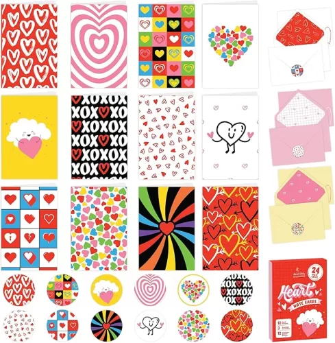 Decorably 24 Pack 4x6in Heart Note Cards with Envelopes and Stickers, 12 Charming Designs Heart Card, Blank Inside - Valentine