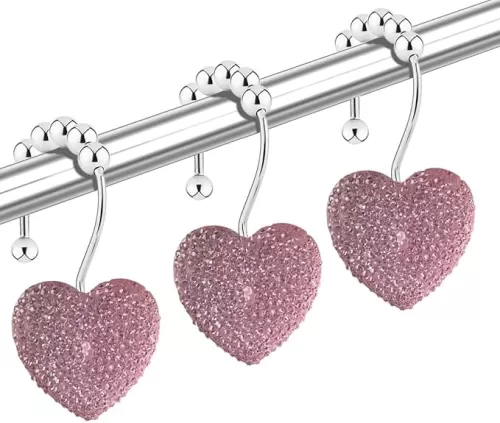 Diamond Shower Curtain Hooks, 12-Pack Heart Shaped Crystal Shower Rings, Acrylic Decorative Bathroom Hangers, Bling Pink Fancy Valentine