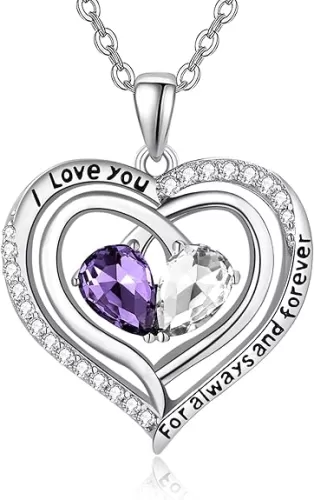 Double Heart Necklace for Mother，925 Sterling Silver 2 Birthstones Jewelry I Love You Always and Forever Necklace Heart Pendant，Mother's Day Birthday Gifts for Women
