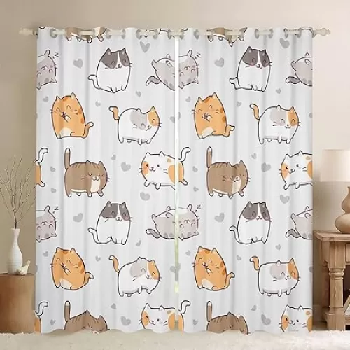 Erosebridal Cartoon Cat Curtains Cute Animal Blackout Curtains, Kawaii Love Heart Curtains & Drapes Pet Theme Bedroom Curtains, Orange Brown Kitten Window Treatments Kids Living Room Decor