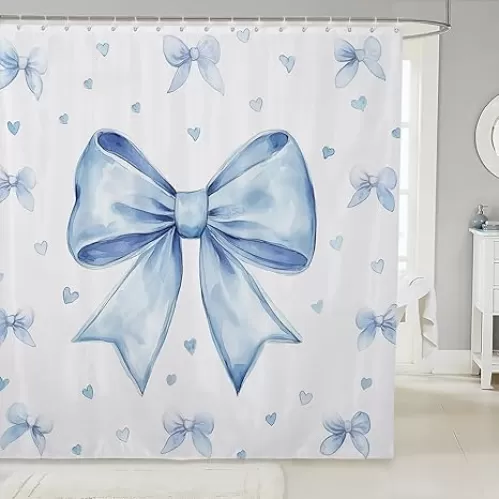 Erosebridal Cute Blue Bowknot Bathroom Curtains 72" Wx72 L for Kids Girls Teen Women, Kawaii Dreamy Bow Shower Curtains Princess Style Blue White Heart Bath Curtain Waterproof Bathroom Accessories