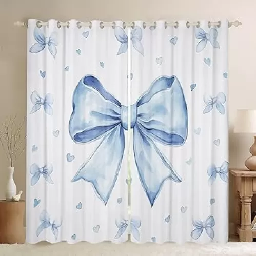 Erosebridal Cute Blue Bowknot Curtains & Drapes 42" Wx63 L for Kids Girls Teen Women, Kawaii Dreamy Bow Blackout Curtains Princess Style Blue White Heart Decor Window Curtains Light Blocking Curtains