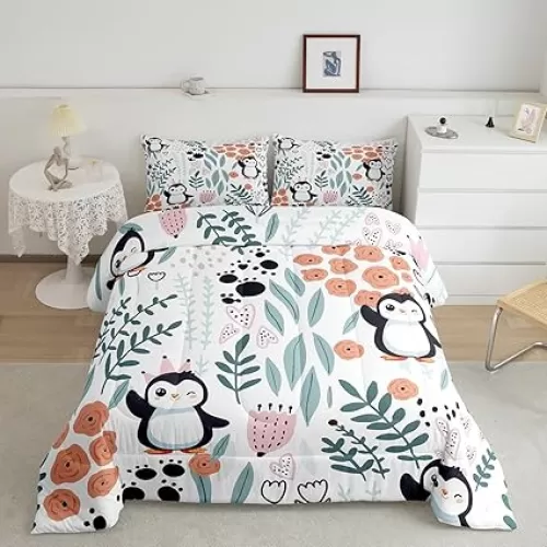 Erosebridal Kawaii Penguin Bedding Set Queen, Cartoon Penguin Comforter Set for Kids Girls Boys, Cute Love Heart Leaf Floral Comforter Set, Paw Print Wildlife Animals Quilt Bed Set with 2 Pillow Cases