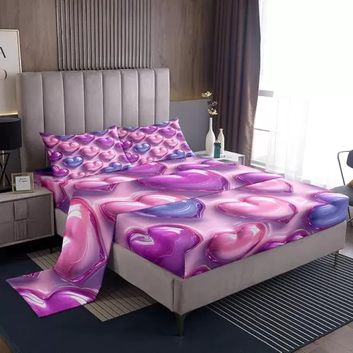 Erosebridal Love Heart Flat Fitted Sheet Queen Kawaii Decor Bed Set for Girls, Cute Lovely Bed Sheets Set for Kids Adult Bedroom Decor, Pink Purple Soft Microfiber Bedding Sets with 2 Pillow Cases