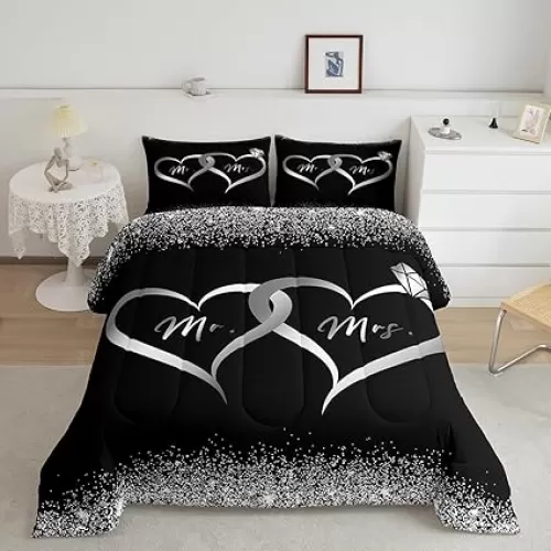 Erosebridal Mr and Mrs Comforter Set Queen Black Silver Valentines Day Bedding Set for Women Men, Wedding Bed Set Newly Engaged Wed Gifts for The Couple Bedroom Decor Glitter Love Heart Quilt 3Pcs