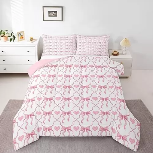 Erosebridal Pink Bow Bedding Set for Kids Teen Women, Cute Bowknot Girls Down Comforter Kawaii Plaid Love Hearts Queen Comforter Set Geometric Check Ribbon Bow Quilt Set