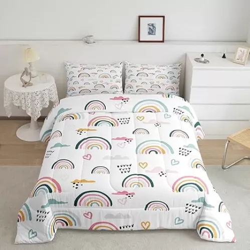 Erosebridal Rainbow Bedding Set for Kids Girls, Pink Love Heart Comforter Set Full Size Cartoon Cloud Geometric Stripes Bedding Comforter for Boys Children Women Watercolor Art Girly Duvet Sets