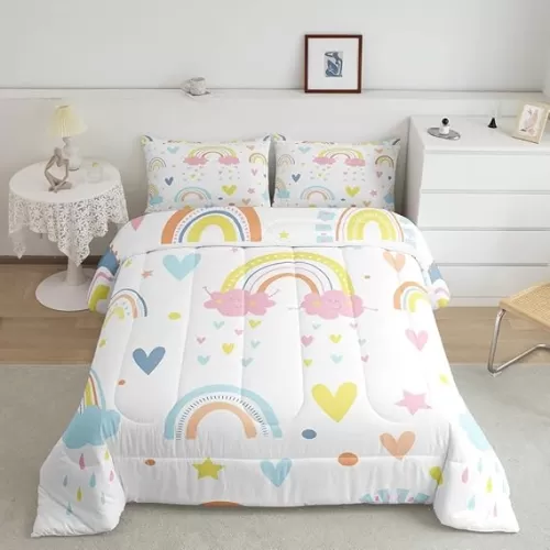 Erosebridal Rainbow Comforter Set 3Pcs, Kawaii Cartoon Cloud Quilt Iridescent Queen for Kids Girls Women Teens, Love Heart Duvet Insert Hand Drawn Style Down Comforter Girly Bedroom Decor, Colorful
