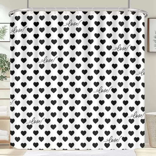 farg 72x72 Inch Black and White Hearts Shower Curtain Modern Textured Bath Curtain Sets Mothers Day Water Repellent Fabric Shower Curtains for Bedroom Livingroom Bathroo Decor with Hooks