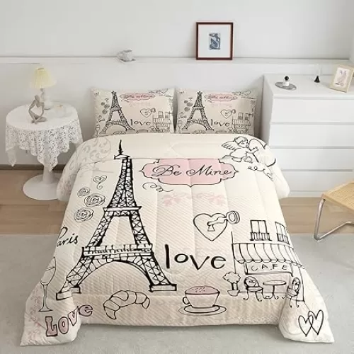 Feelyou Eiffel Tower Comforter Set King Paris Tower Comforter for Girls Romantic Rose Chic Paris Theme Bedding Set Paris Cityscape Printed Heart Love Duvet Set Room Decor Twin with 1 Pillow Case