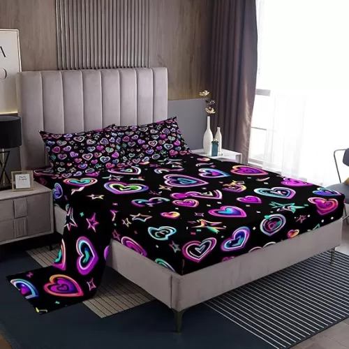 Feelyou Kids Colorful Love Pattern Sheet Set King Size Love Heart Bed Sheets Set Boys Girls Stars Printed Sheets with Deep Pocket Fitted Sheet Valentine