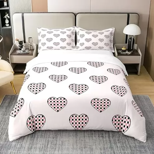 Feelyou Kids Love Heart Pattern Bedding Set Queen Size Boys Girls Pink Cute Love Heart 100% Cotton Duvet Cover Pink Black Lattice Comforter Cover Toddler Geometry Bedspread Cover Quilt Cover
