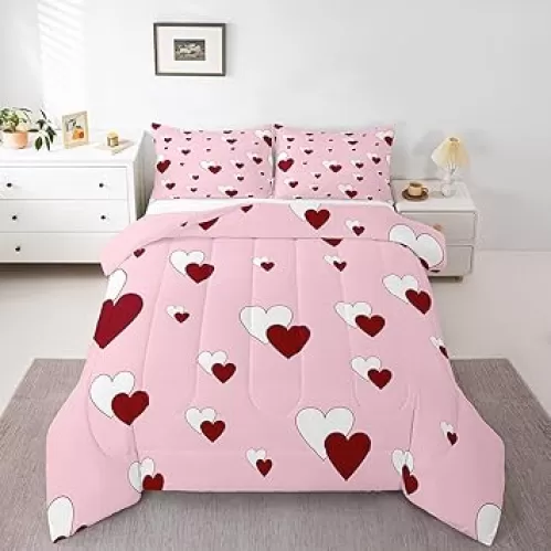 Feelyou Kids Red Hearts Comforter Set Twin Size Pink Love Bedding Set Boys Girls Red White Love Heart Quilt Set Valentine