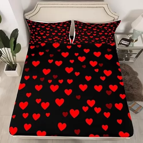 Feelyou Kids Red Love Heart Pattern Fitted Sheet Twin Size Heart Pattern Bed Sheet Set Boys Girls Black Red Bedding Set Valentine