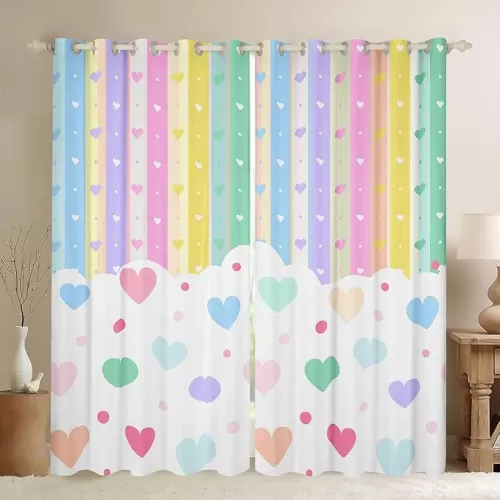 Feelyou Pretty Rainbow Window Curtains for Bedroom Living Room for Kids Boys Girls Colorful Love Heart Window Drapes Dot Curtains Bedroom Decor Kawaii Window Treatments 42W X 84L, 2 Panels