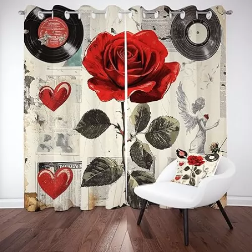 Flower Red Rose Curtain for Bedroom, 2 Panel Set, Vintage Vinyl Records Black Out Curtains 63 Inch Long, Medieval Newspaper Curtains, Thermal Insulated Blackout Grommet Curtain, 52 x 63 inch