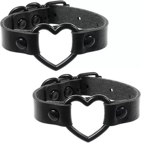 FM FM42 Multicolor PU Simulated Leather Black Love Heart O Ring Adjustable Buckle Bracelet, Pack of 2 PCs