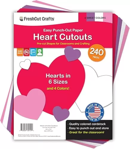 FreshCut Crafts 240 Pieces Heart Paper Cutouts, 2-Sided US Made Card Stock Punch Out Sweet Colored Hearts for Valentineâ€™s Day Crafts, Bulletin Boards, Classroom Decor, and Posters 4 Sweet Colors