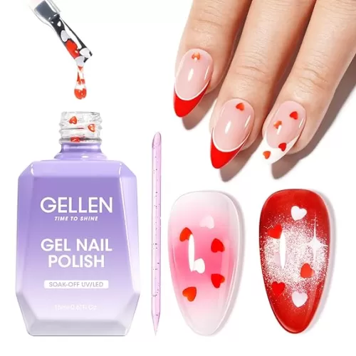 GELLEN Gel Nail Polish, 18ML Clear Nail Polish With Pink & Red Heart Shape, Valentine Gift for Her, Soak Off UV Gel Polish No Wipe, Glitter Gel Nail Polish with Stick DIY at Home